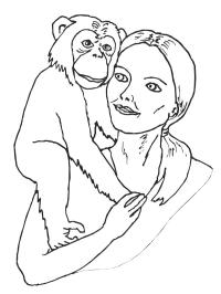 Chimpansee op de schouder van de vrouw