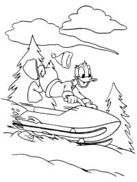 Donald duck op de sneeuwscooter