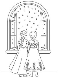 Elsa en Anna kijken naar de sneeuwval