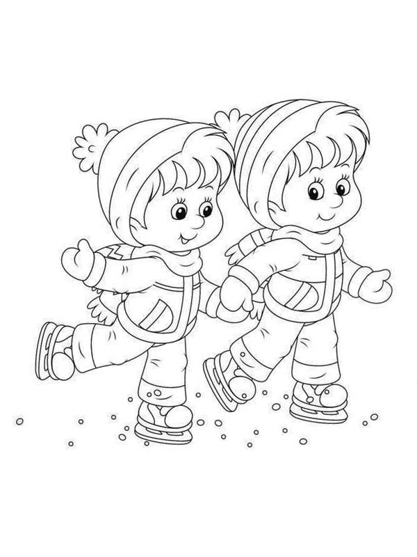Twee kinderen schaatsen Kleurplaat