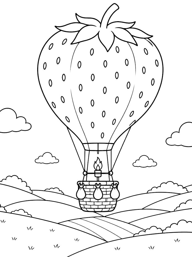 Aardbeienluchtballon boven het platteland kleurplaat