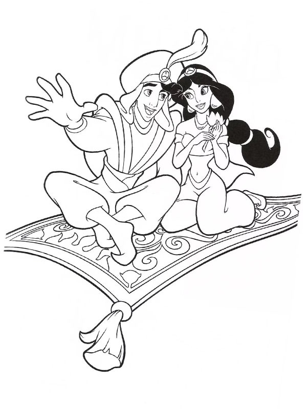 Aladdin en Jasmijn op het tapijt Kleurplaat
