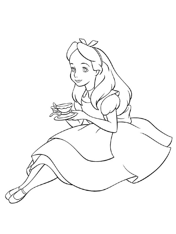 Alice drinkt thee Kleurplaat