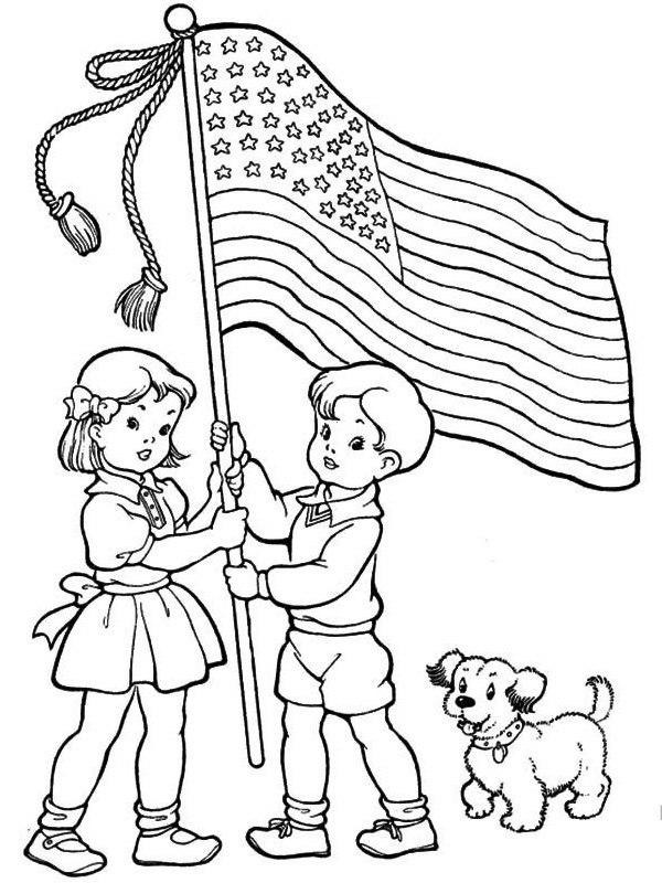 kinderen houden de vlag van Amerika vast Kleurplaat