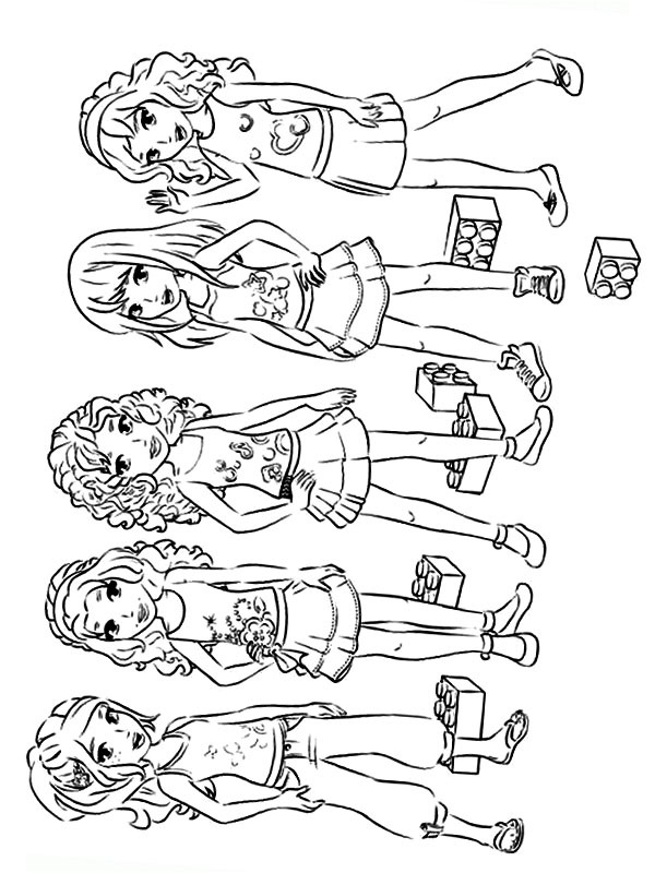 Andrea, Emma, Mia, Olivia en Stephanie Lego friends Kleurplaat