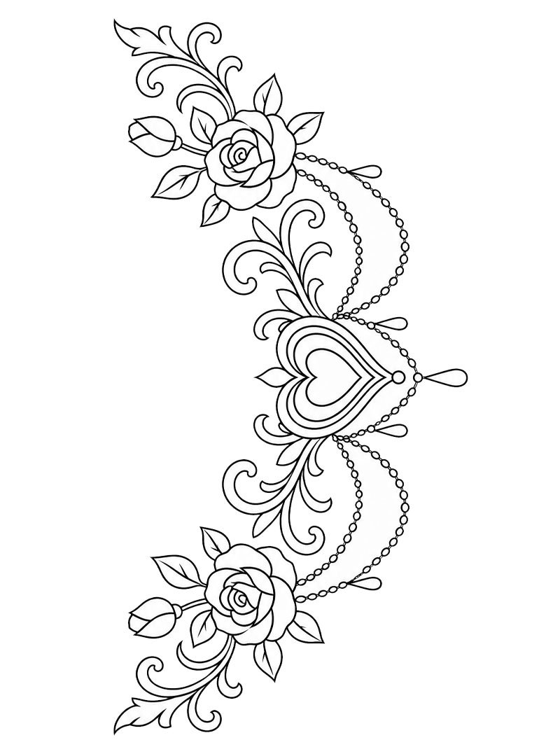 Borst tattoo hart en rozen kleurplaat Borst tattoo hart en rozen kleurplaat