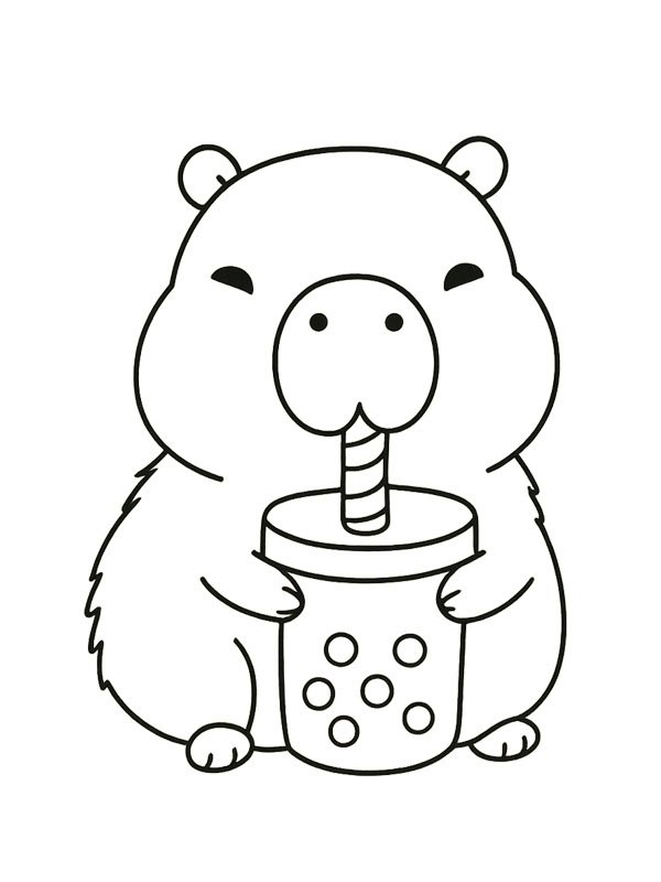 Capibara drinkt bubbelthee kleurplaat