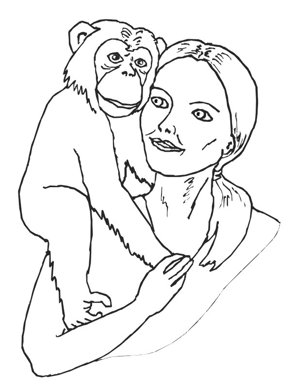 Chimpansee op de schouder van de vrouw Kleurplaat
