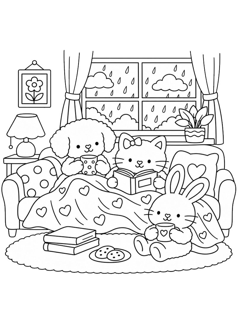 Cozy regenachtige dag kleurplaat Cozy regenachtige dag kleurplaat