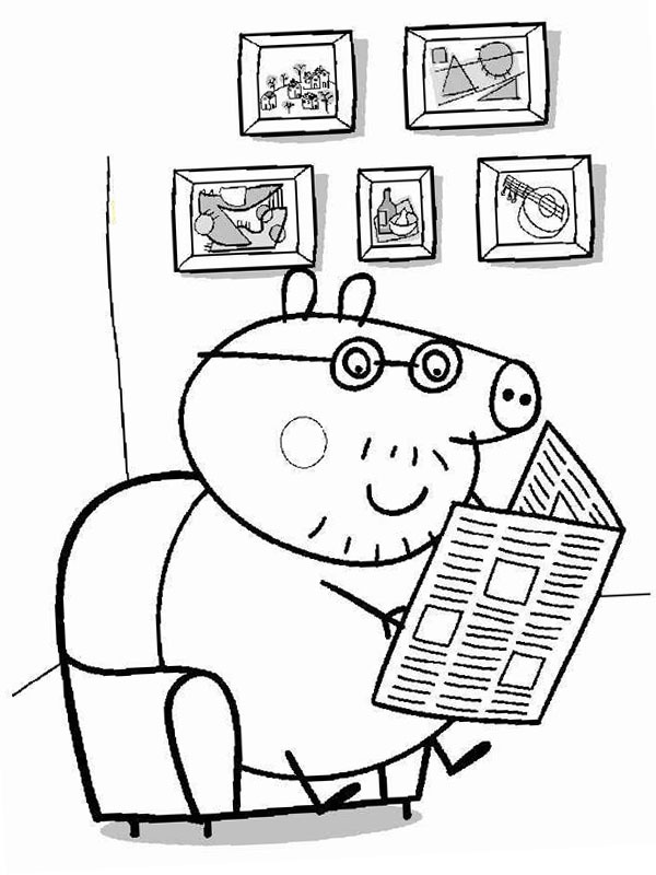 Daddy Pig leest de krant Kleurplaat