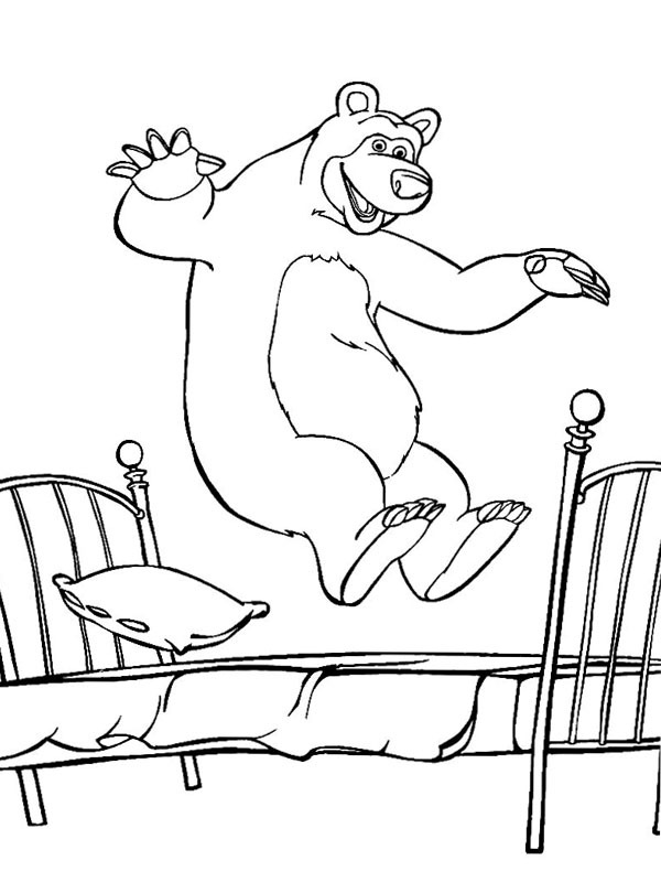 De beer springt op het bed Kleurplaat