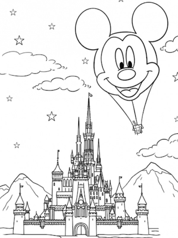 Disneyland kasteel Mickey mouse luchtballon Kleurplaat