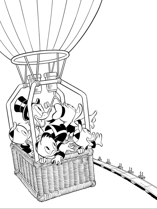 Donald, Dagobert en Kwik kwek en kwak in een luchtballon Kleurplaat