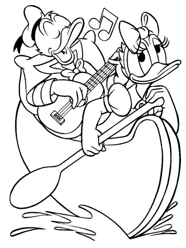 Donald Duck en Katrien in een kano Kleurplaat