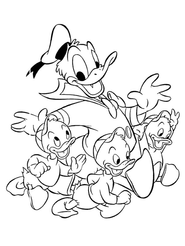 Donald Duck samen met kwik kwek en kwak Kleurplaat