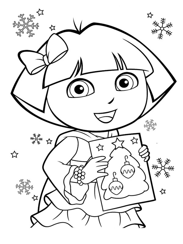 Dora met kerstkaart Kleurplaat