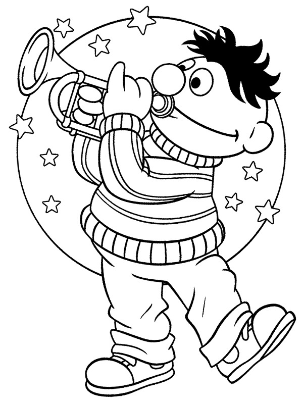Ernie speelt trompet Kleurplaat