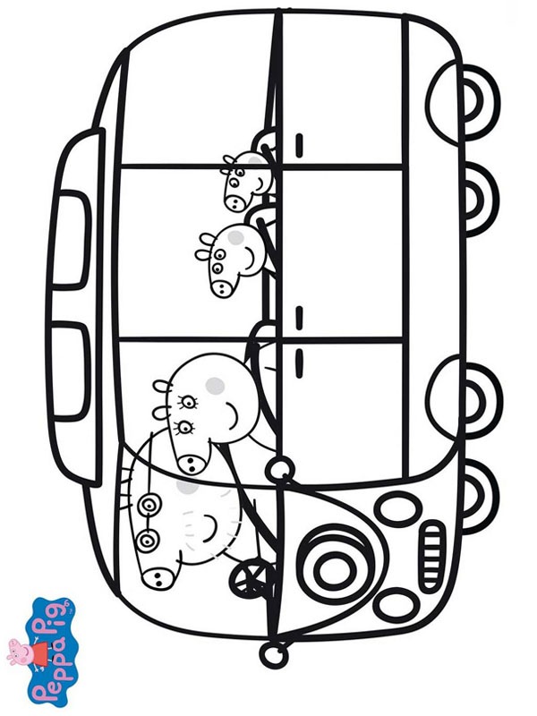 Familie Peppa Pig in de bus Kleurplaat