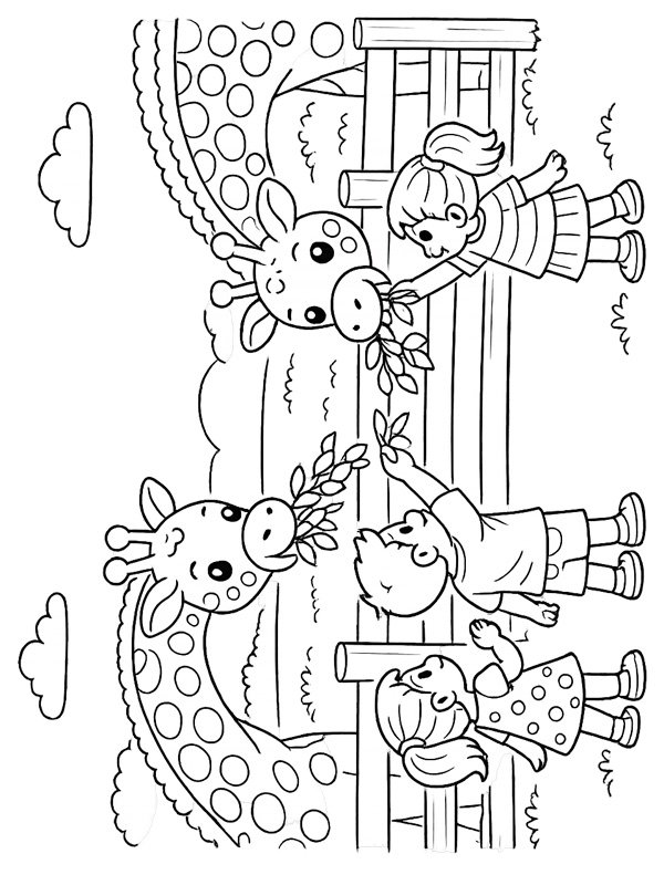 Giraf eten geven in de dierentuin kleurplaat