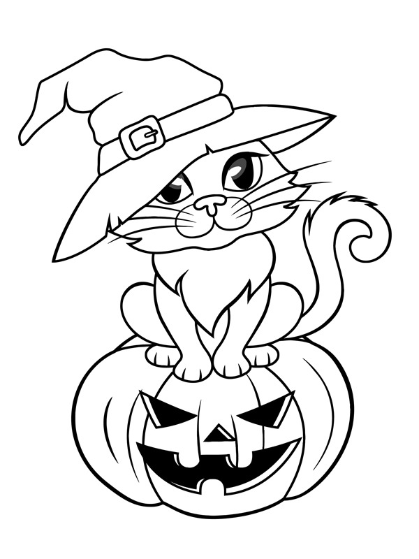 Halloween kat in een heksenhoed Kleurplaat