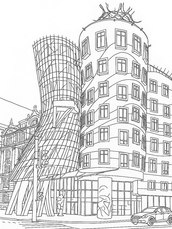 Het Dansende Huis in Praag kleurplaat Het Dansende Huis in Praag kleurplaat