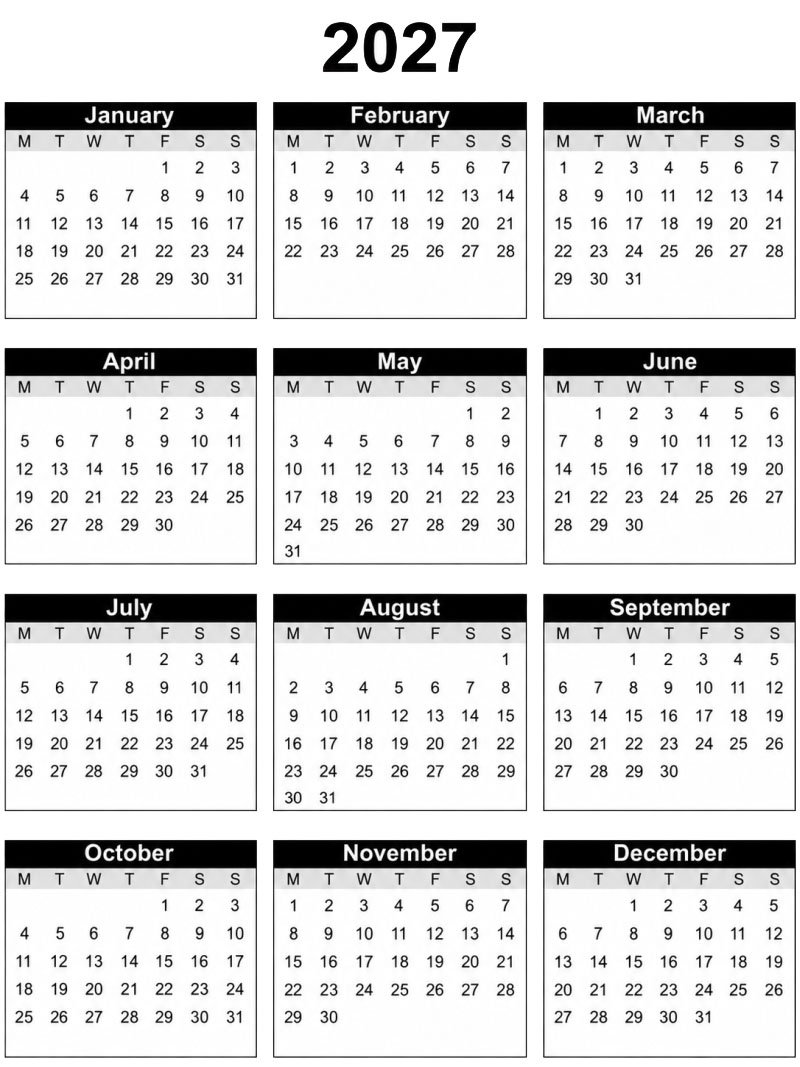 Jaarkalender 2027 kleurplaat Jaarkalender 2027 kleurplaat