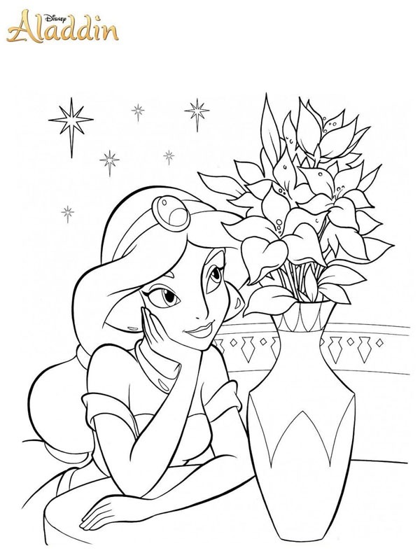Jasmijn kijkt naar een vaas met bloemen Kleurplaat
