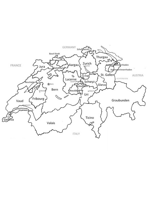 Kaart van Zwitserland Kleurplaat