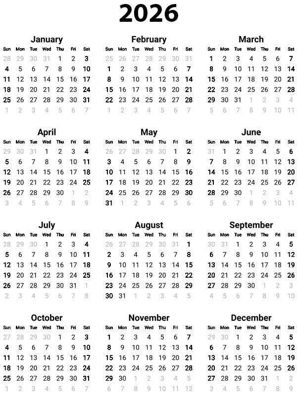 Jaarkalender 2026 kleurplaat