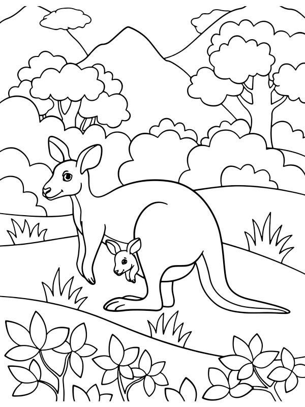 Kangoeroe met baby in de buidel Kleurplaat