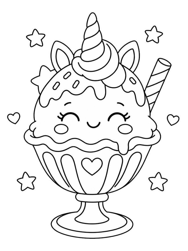 Kawaii eenhoorn-ijscoupe kleurplaat Kawaii eenhoorn-ijscoupe kleurplaat