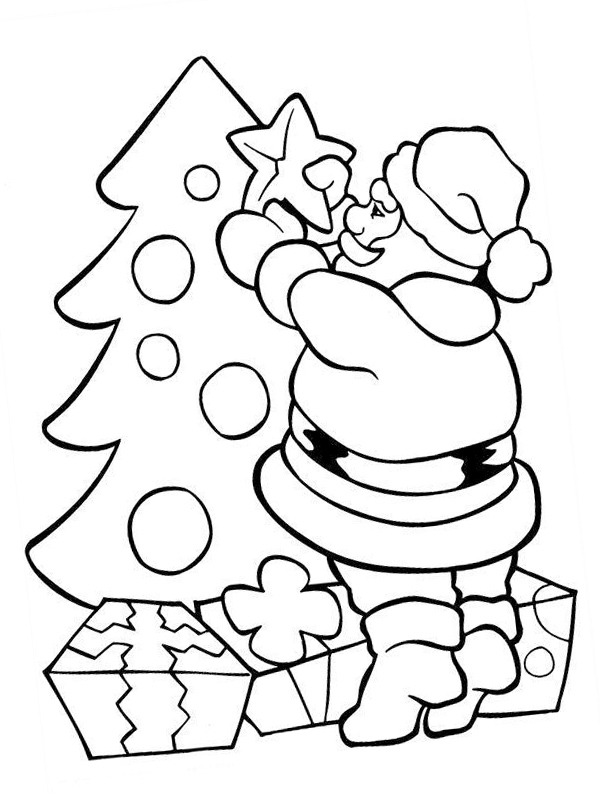 Kerstman versiert de kerstboom Kleurplaat