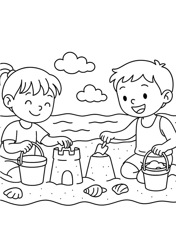 Kinderen spelen op het strand kleurplaat Kinderen spelen op het strand kleurplaat