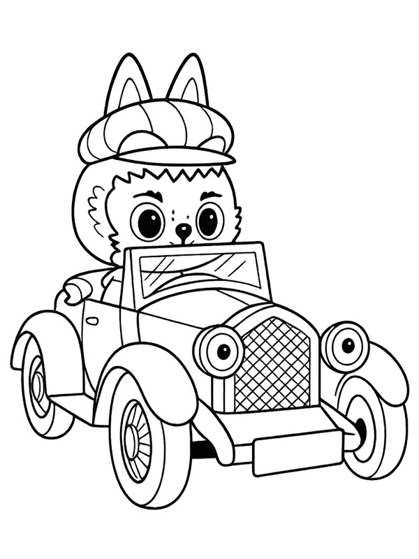 Labubu in een auto kleurplaat Labubu in een auto kleurplaat
