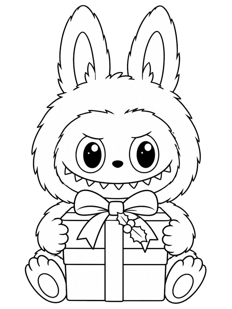 Labubu met een kerstcadeau kleurplaat Labubu met een kerstcadeau kleurplaat