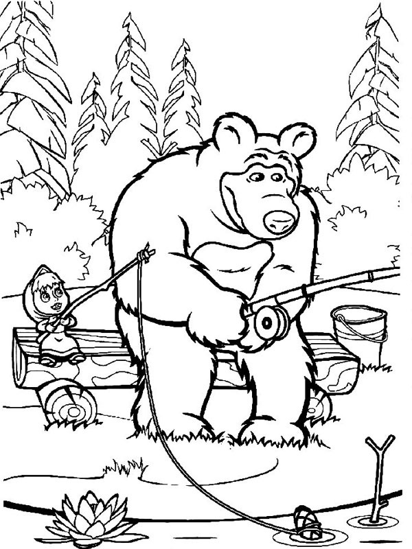 Masha en de beer vissen Kleurplaat