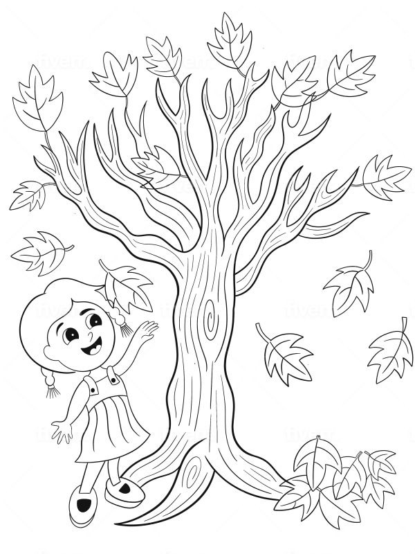 Meisje bij een kale boom Kleurplaat