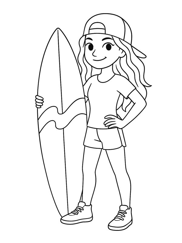 Meisje met surfplank kleurplaat Meisje met surfplank kleurplaat