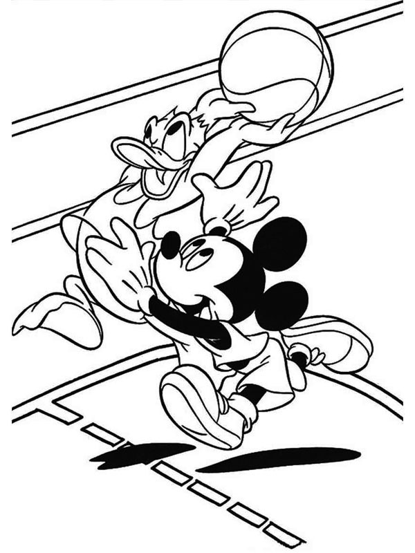 Mickey en Donald spelen basketbal Kleurplaat