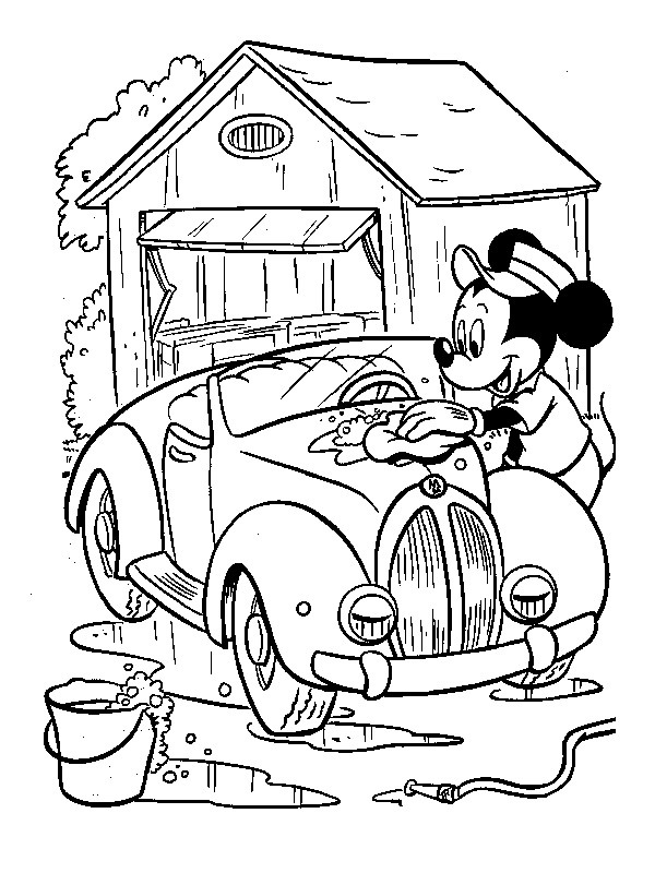 mickey mouse poetst de auto Kleurplaat