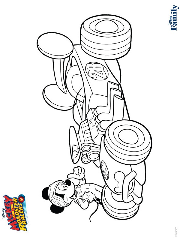 Mickey Mouse bij de raceauto Kleurplaat