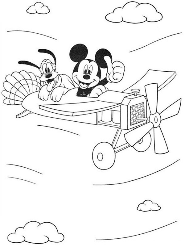 mickey mouse en pluto in een vliegtuig Kleurplaat