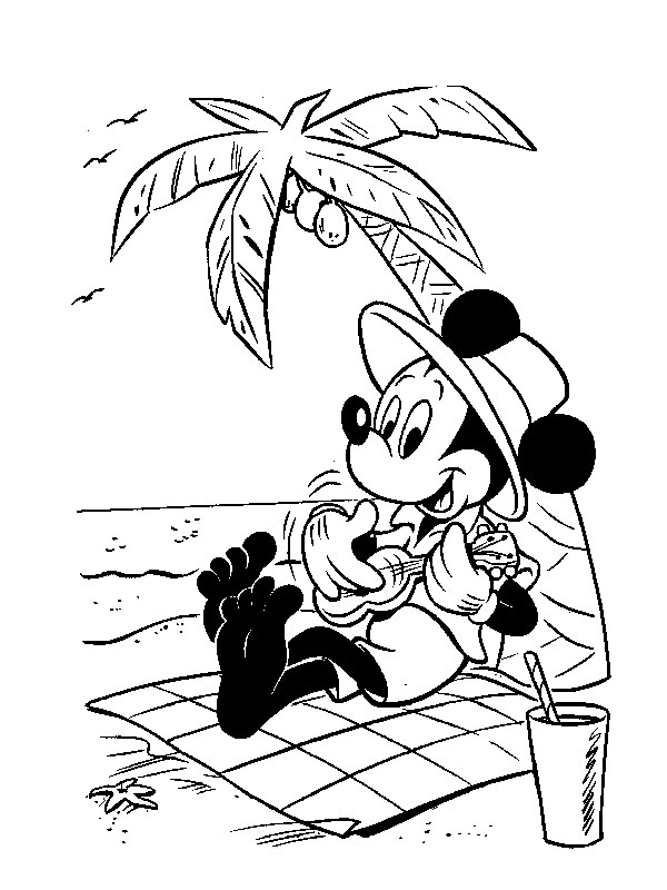 Mickey mouse op het strand Kleurplaat