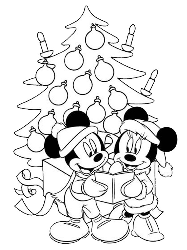 Minnie en Mickey voor de kerstboom Kleurplaat