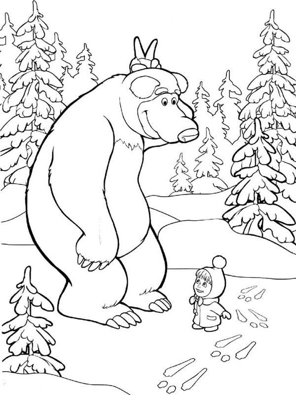 Mishka de beer en Masha in het bos Kleurplaat