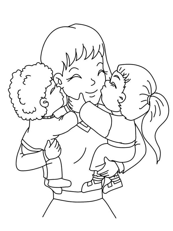 Moeder samen met kinderen Kleurplaat