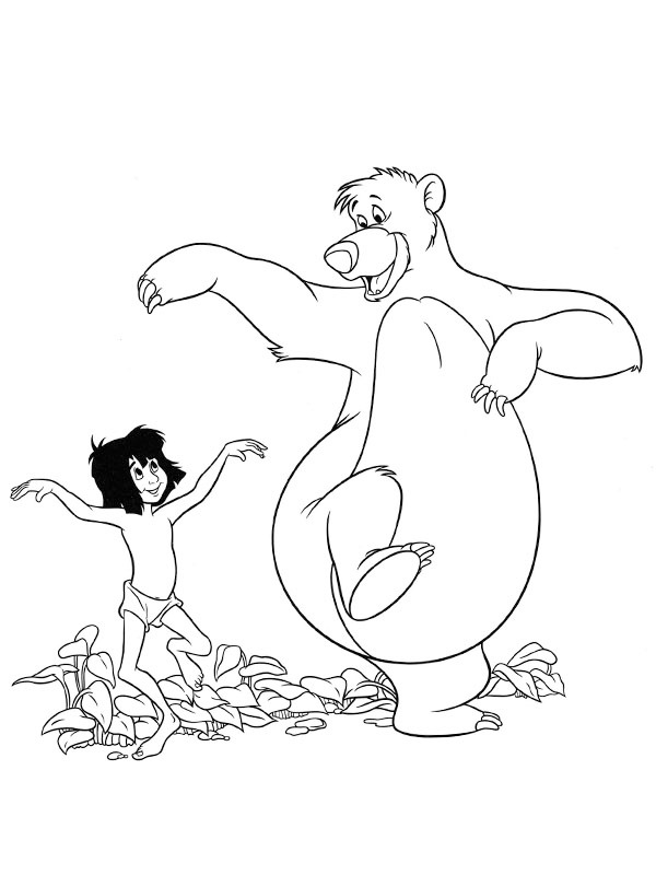 Mowgli en beer Baloe dansen Kleurplaat