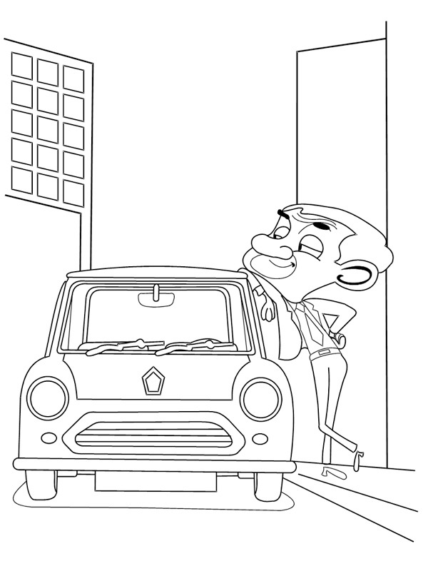 Mr Bean bij de mini auto Kleurplaat