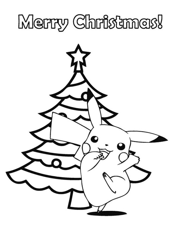 Pikachu bij de kerstboom Kleurplaat