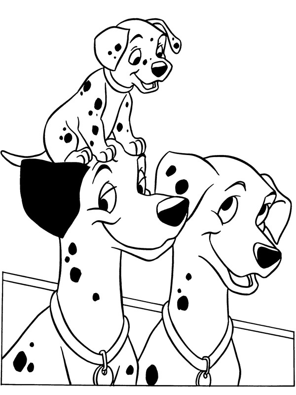 Pongo en Perdy met een van hun puppies Kleurplaat